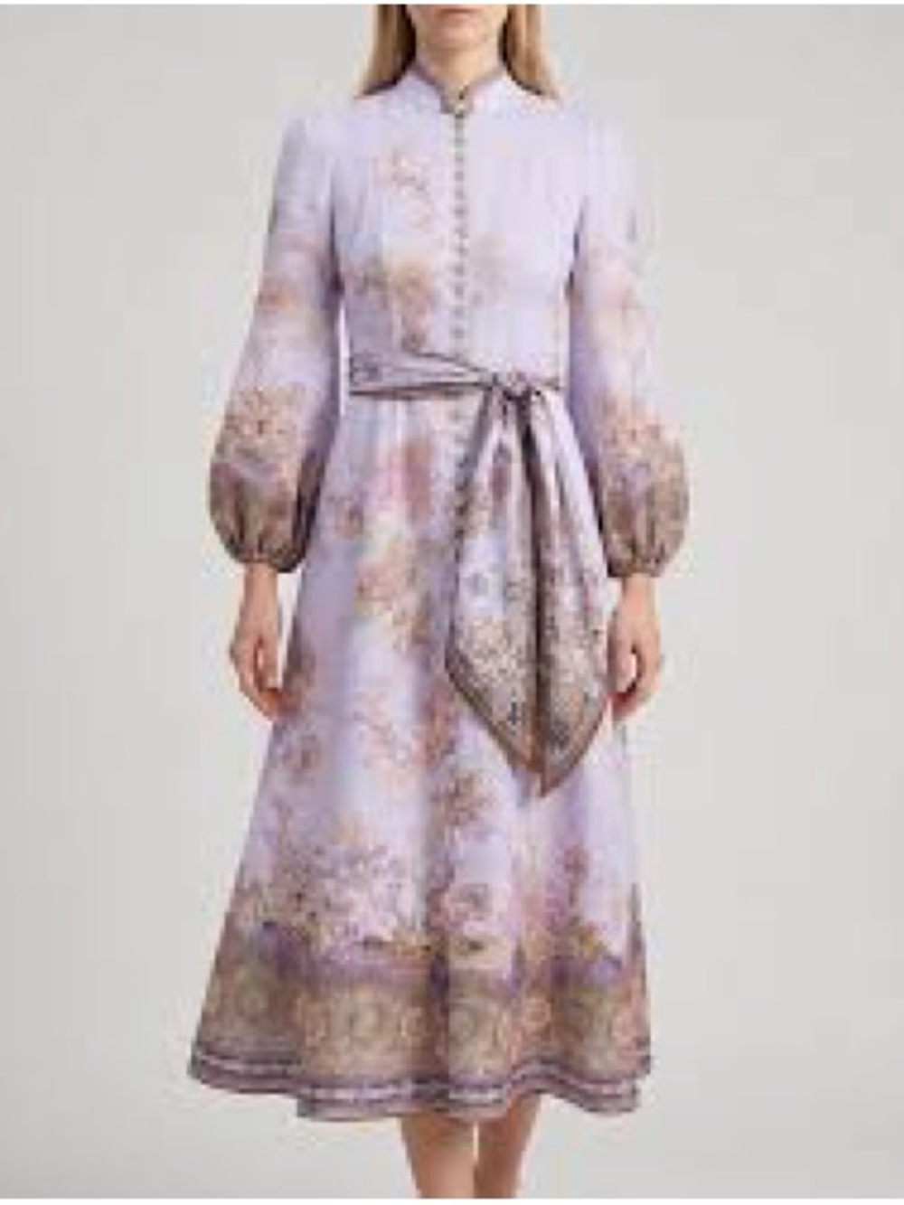 Zimmermann Lilac Floral-Print Long-Sleeve Midi Dress with Self-Tie Belt - Picture 2 of 12